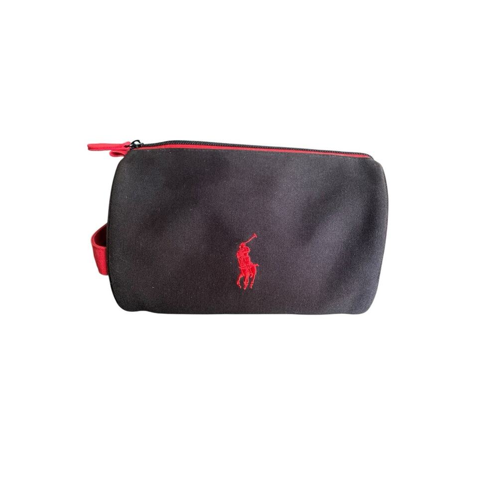 Polo Ralph Lauren Toiletry Bag Black Red Canvas Leather Travel Case Mens Vintage